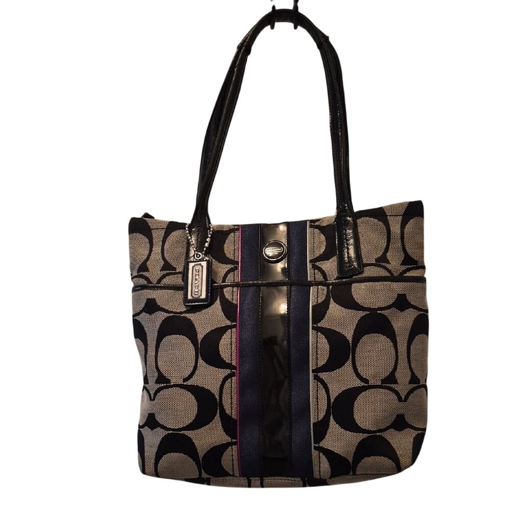 Coach Black and Tan Tote with Navy Blue Accent F24666